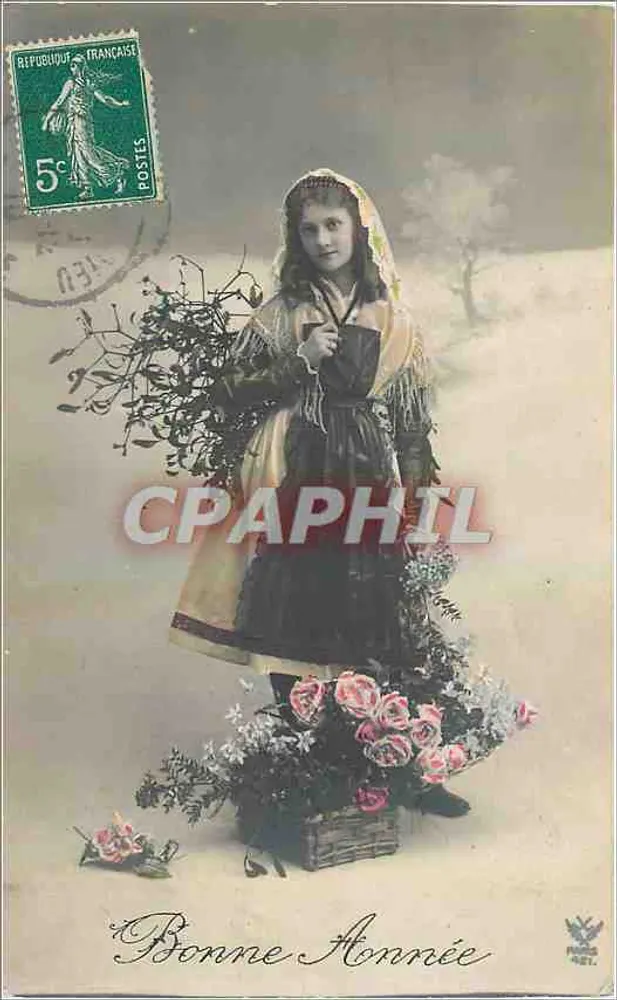Mulher em traje tradicional — com buquê de rosas e ramo de visco — editada por 'Gravé' (n° 76) - Frente