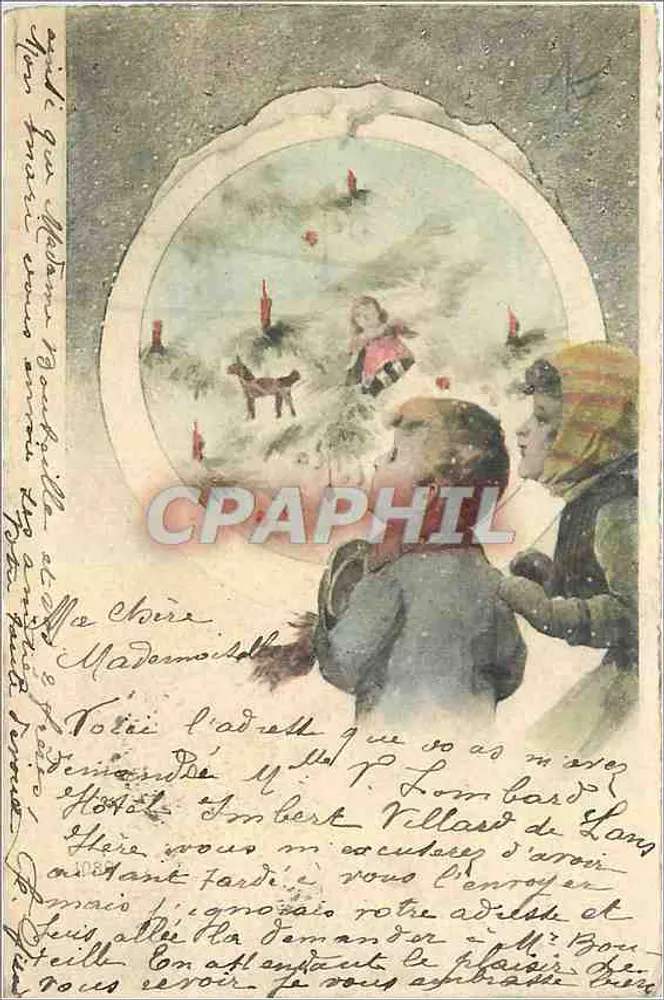 Crianças diante de um abeto de Natal — ilustração — editor desconhecido - Frente
