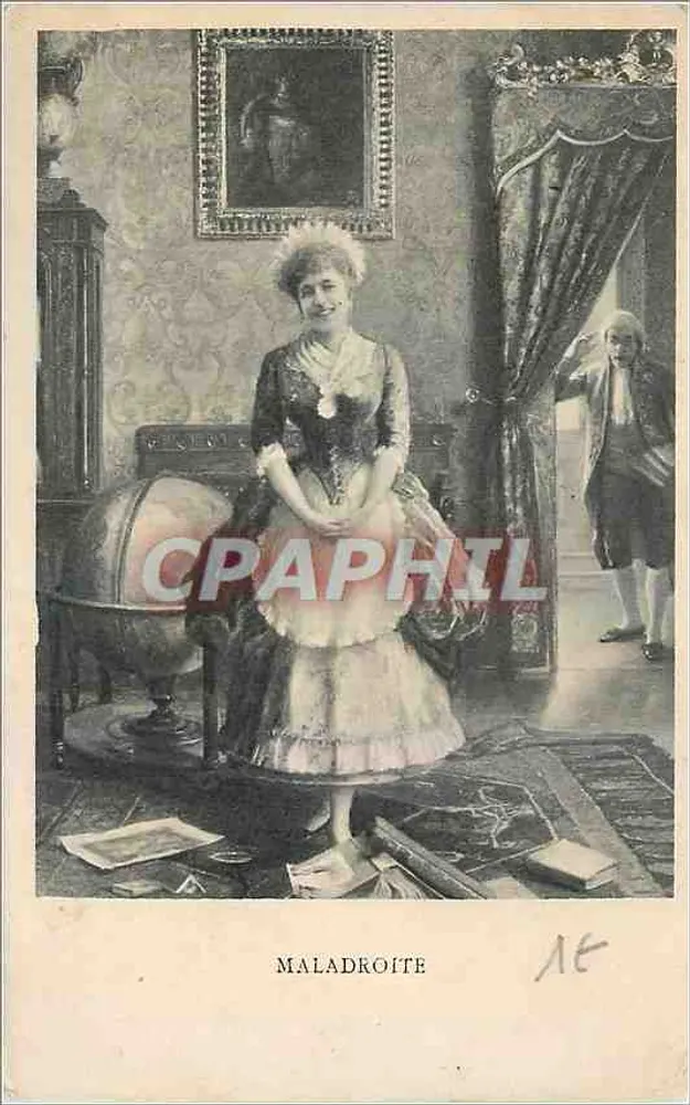 Mulher em vestido de estilo antigo — cena interior com globo terrestre e homem em traje da época — editor Maladroite, n° 16 - Frente