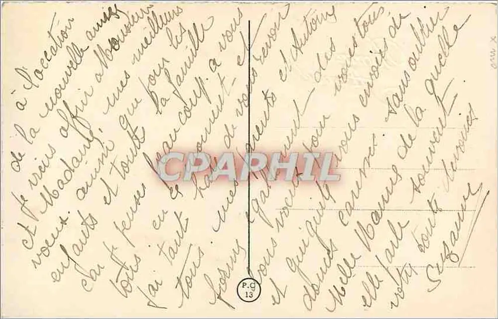 Cena invernal nevada — cabana e pinheiros — texto 'Bom Ano' — verso com escrita manuscrita - Verso