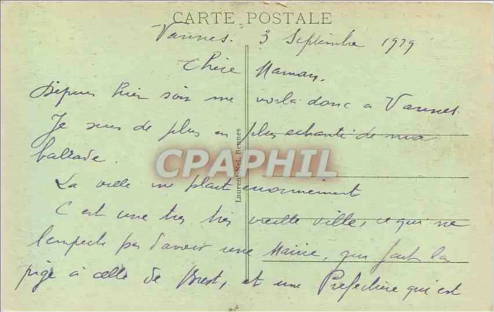 Vannes - O Hotel de Ville — Bilhete postal antigo n° 2111, editor Laurent & Del Romme - Verso