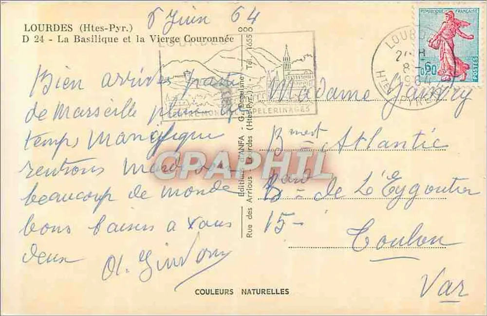 Lourdes (Htes-Pyr.) — La Basilique et la Vierge Couronnée — Édition des Arrious, n° D 24 - Verso