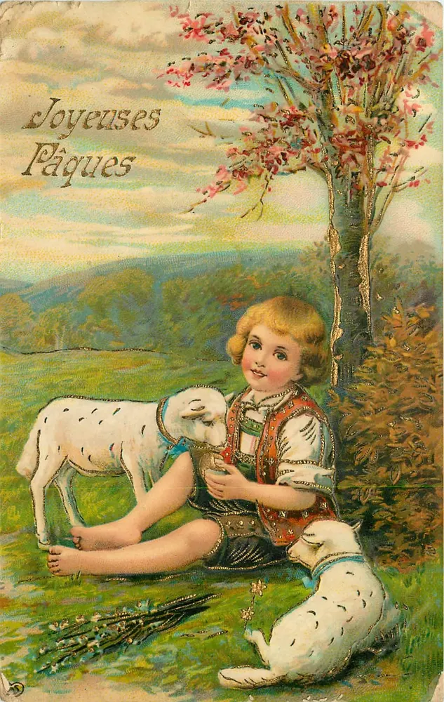 Criança com carneiros — sob cerejeira em flor — texto 'Feliz Páscoa' — editor desconhecido - Frente