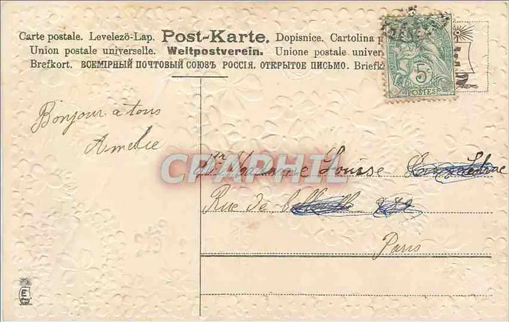 Flores e trevo — Boa festa — editor H.S. L.B. 1909 - Verso