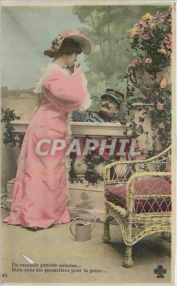Mulher em vestido rosa e militar no balcão — cena romântica — editor não identificado, n° 49 - Frente
