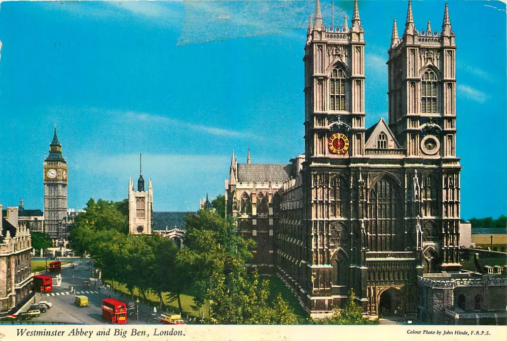 Abbazia di Westminster e Big Ben, Londra — Fotografia a colori di John Hinde, F.R.P.S. - Recto