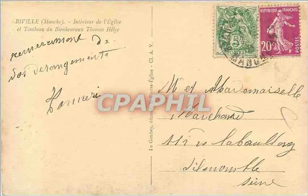 Biville (Manche) — Innenansicht der Kirche und Grabmal des Seligen Thomas Hélye — Le Goube, Verlag - Rückseite