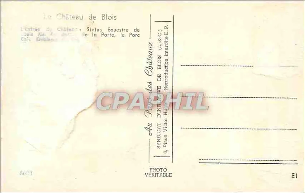 O Castelo de Blois — Estátua equestre de Luís XI na Porta — Syndicat d'Initiative de Blois - Verso