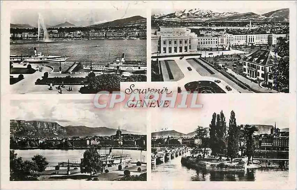 Genebra — Vista panorâmica com fonte, edifícios e pontes — Souvenir de GENEVE, n°2165, edição GIL - Frente