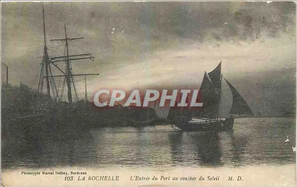 La Rochelle — Der Eingang zum Hafen bei Sonnenuntergang — Phototypie Marcel Delbey, Bordeaux, Nr. 109 - Vorderseite