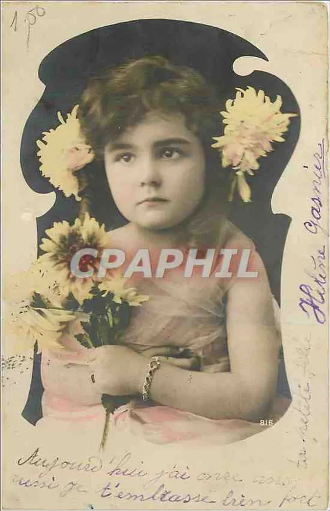 Menina com flores — carta postal antiga — editor não identificado, n° de série 815 - Frente