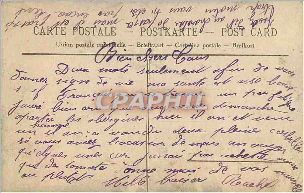 Casal jovem ao ar livre — texto impresso e selos — editor não visível - Verso