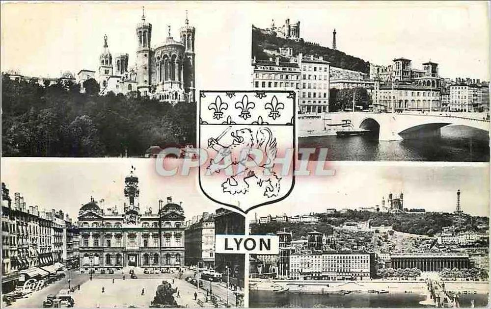 Lyon — vista panorâmica com escudo — Réal-Photo - Frente