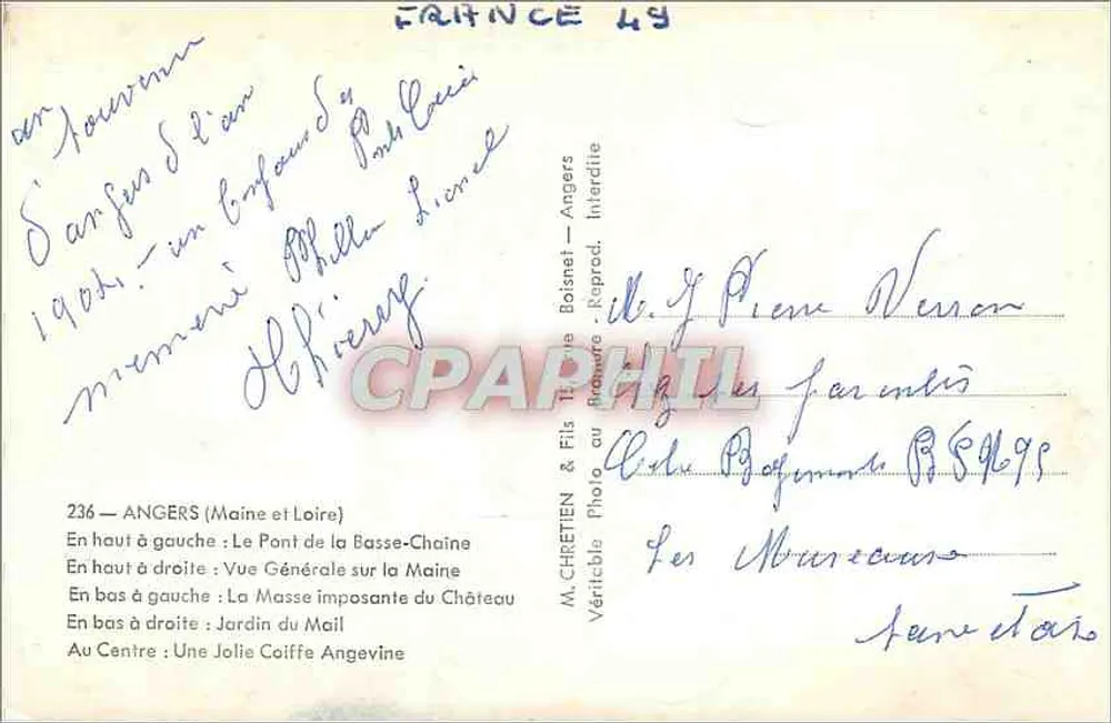 Angers — Lembrete de Angers — editor Llind - Verso