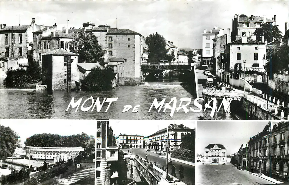 Mont-de-Marsan — vue du pont et du théâtre — Réal Photo - Recto