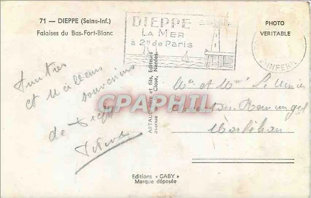 Falaises du Bas-Fort-Blanc — Dieppe (Seine-Inf.) — Éditions Gaby, n°71 - Verso