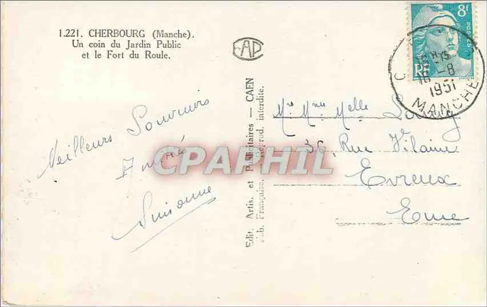 Cherbourg (Manche) — Ein Teil des öffentlichen Gartens und das Fort du Roule — Éd. Artis. et Patriotaires, Cherbourg - Rückseite