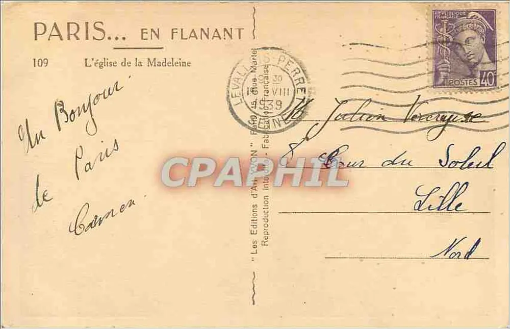 Paris — Igreja da Madeleine — Les Éditions d'Art 'Flanant' n°109 - Verso