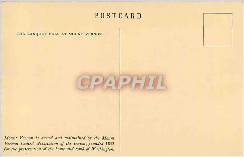 Salle de banquet à Mount Vernon — éditeur M.V.L.A. — n° de série 1938 - Verso