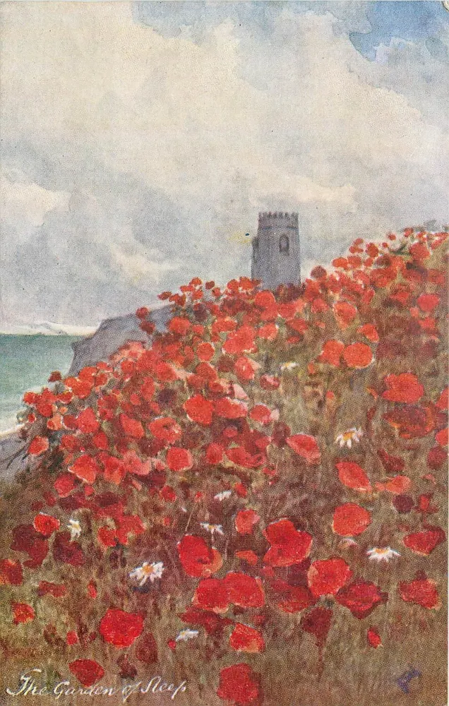 O Jardim do Sono — paisagem costeira com torre — Jarrolds - Frente