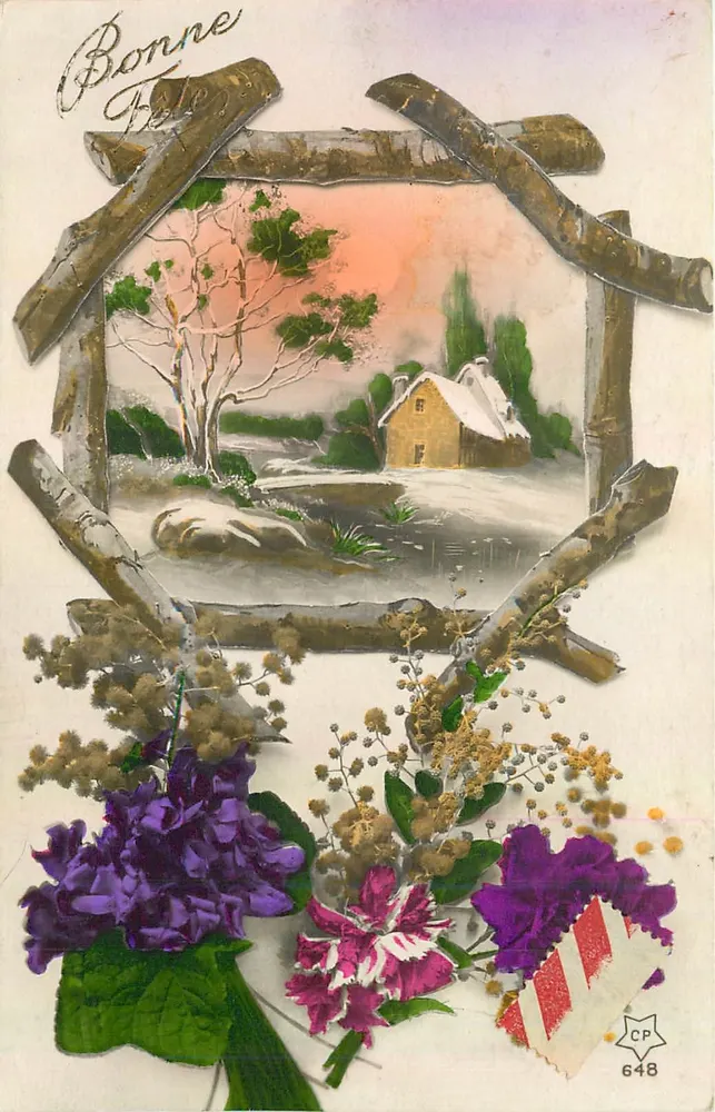 Paisagem invernal com casa nevada — moldura com galhos e buquê de flores — CP 648 - Frente
