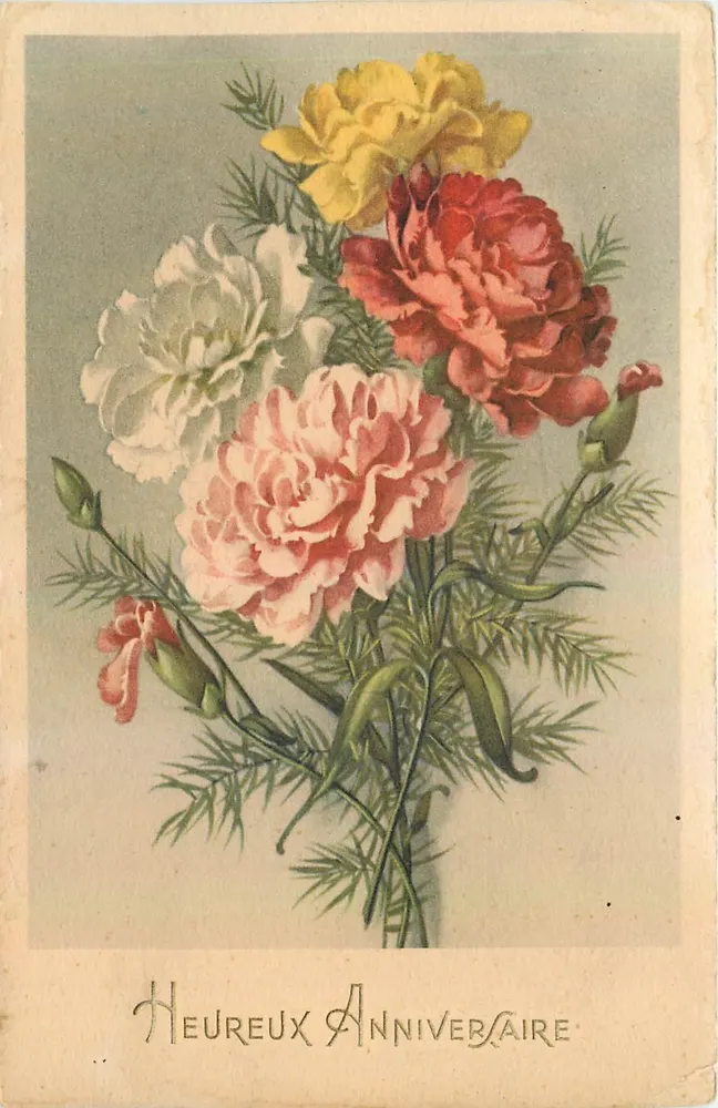 Bouquet de pivoines — Heureux Anniversaire — Imprimé en France, E. S. Paris, n° 416 - Frente