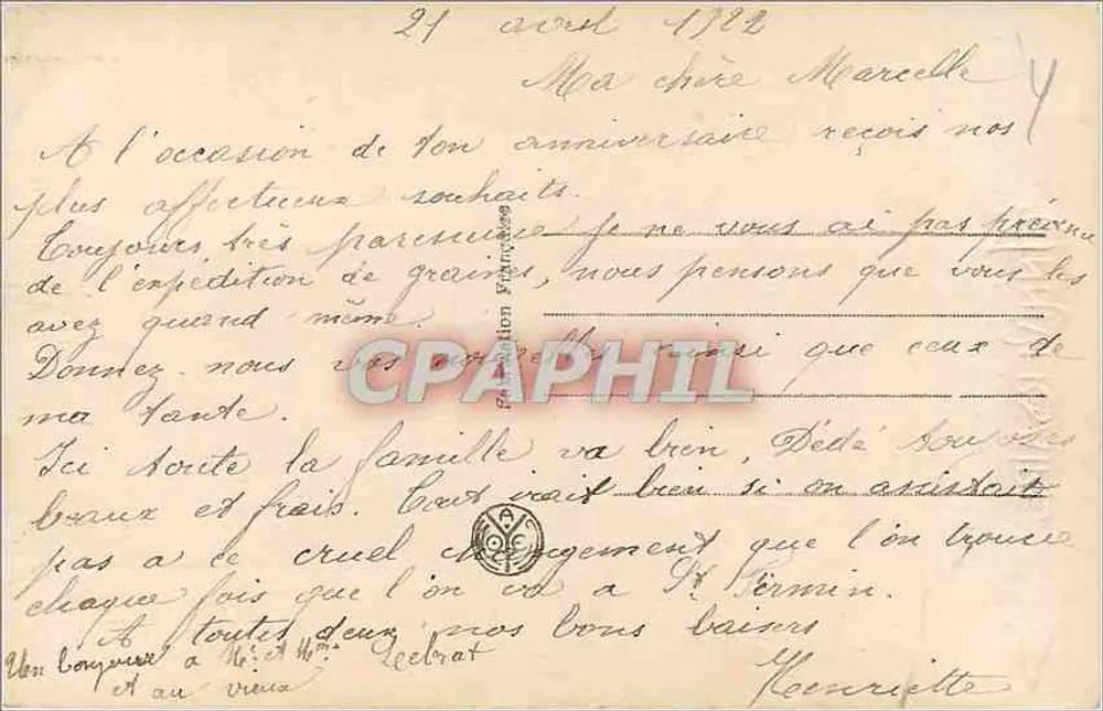 Aniversário — paisagem com árvores e rosas — editor A. NOYER n° 2583 - Verso