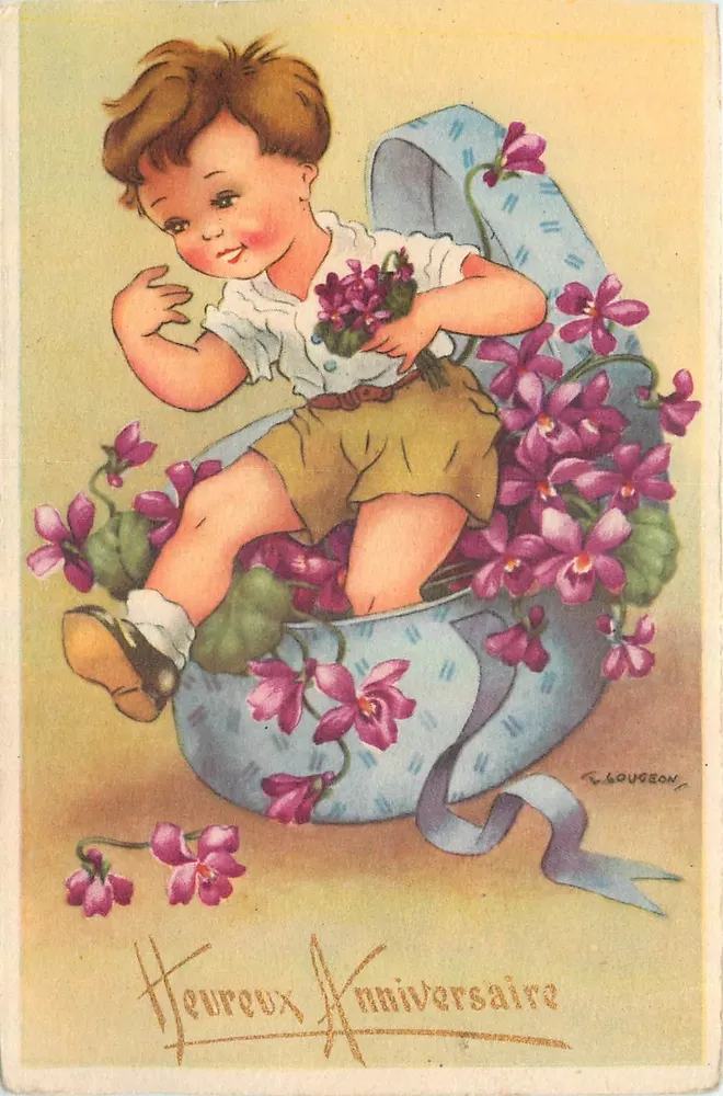 Criança em um cesto de violetas — Aniversário — R. LOUGON - Frente