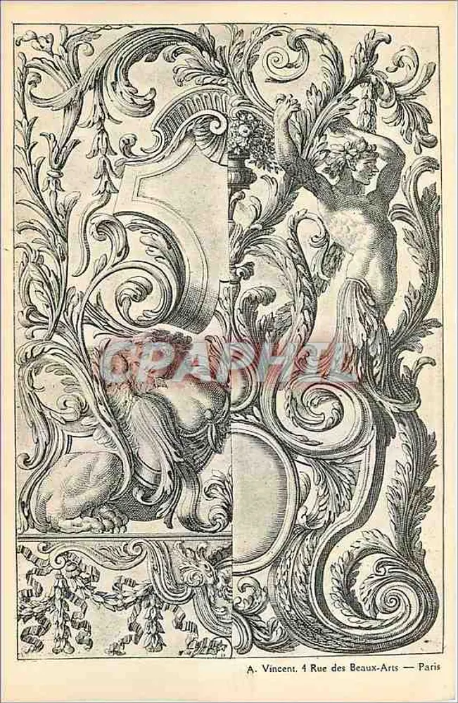 Decoración ornamental — motivos barrocos con putto y león — A. Vincent, 4 Rue des Beaux-Arts — París - Anverso