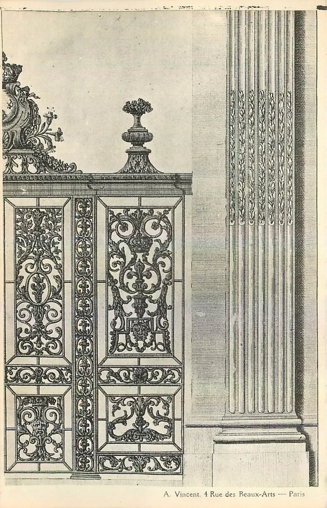 Detalle de una reja y una columna — A. Vincent, 4 Rue des Beaux-Arts — París - Anverso