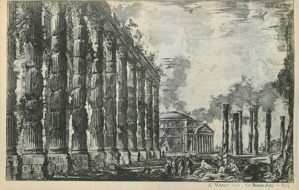 Ruinas antiguas — columnas y templo — A. Vincent, Libro de las Bellas Artes — París - Anverso