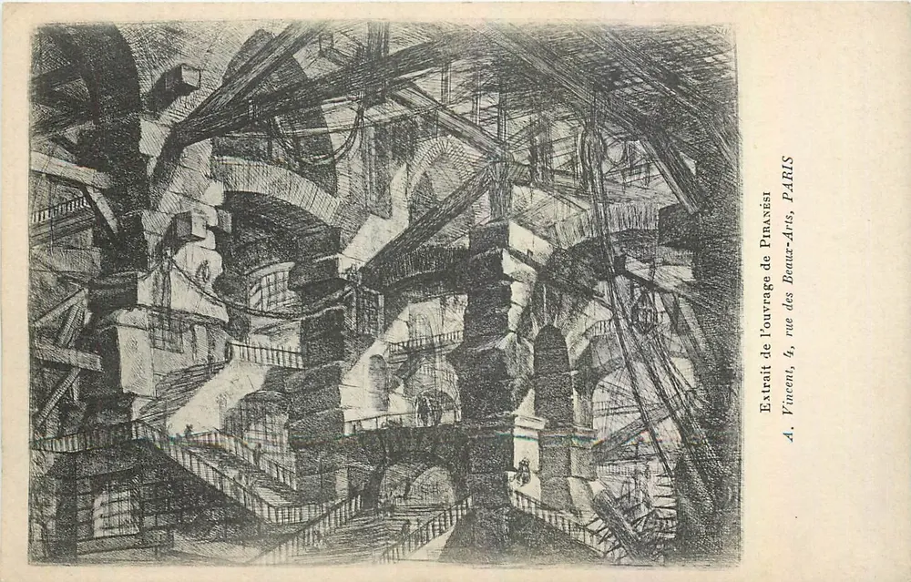 Innenraum eines Industriebaus — Ausschnitt aus dem Werk von Piranèsi — A. Vincent, 4, rue des Beaux-Arts, PARIS - Vorderseite