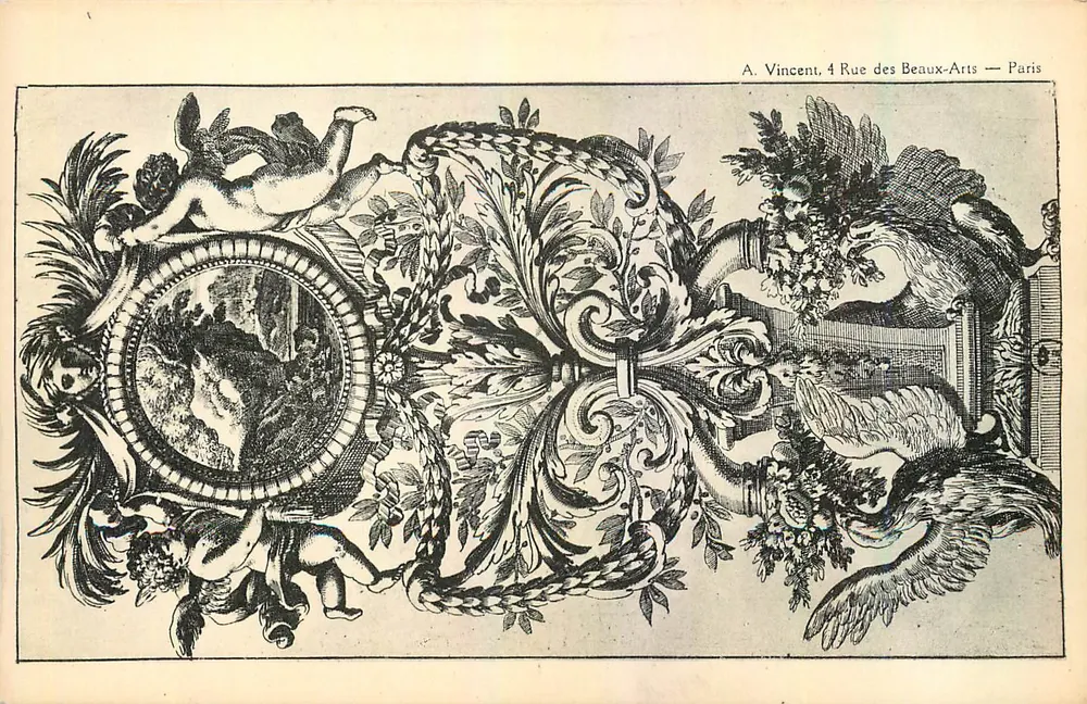 Decorazione ornamentale — motivo barocco con putti e paesaggio — A. Vincent, 4 Rue des Beaux-Arts — Paris - Recto