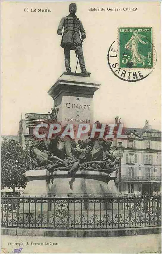 Le Mans — Estátua do Geral Chanzy — Fototipia J. Bouveret, Le Mans - Frente