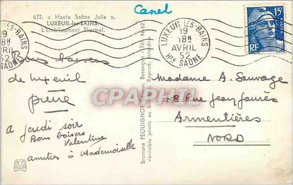 O Estabelecimento Termal de Luxeuil-les-Bains — Alto Saône — editor Péquui, n° 672 - Verso