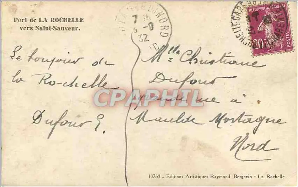 Port de La Rochelle — vue du port avec bateaux et tour de l'Horloge — éditeur Ramuntenco - Verso