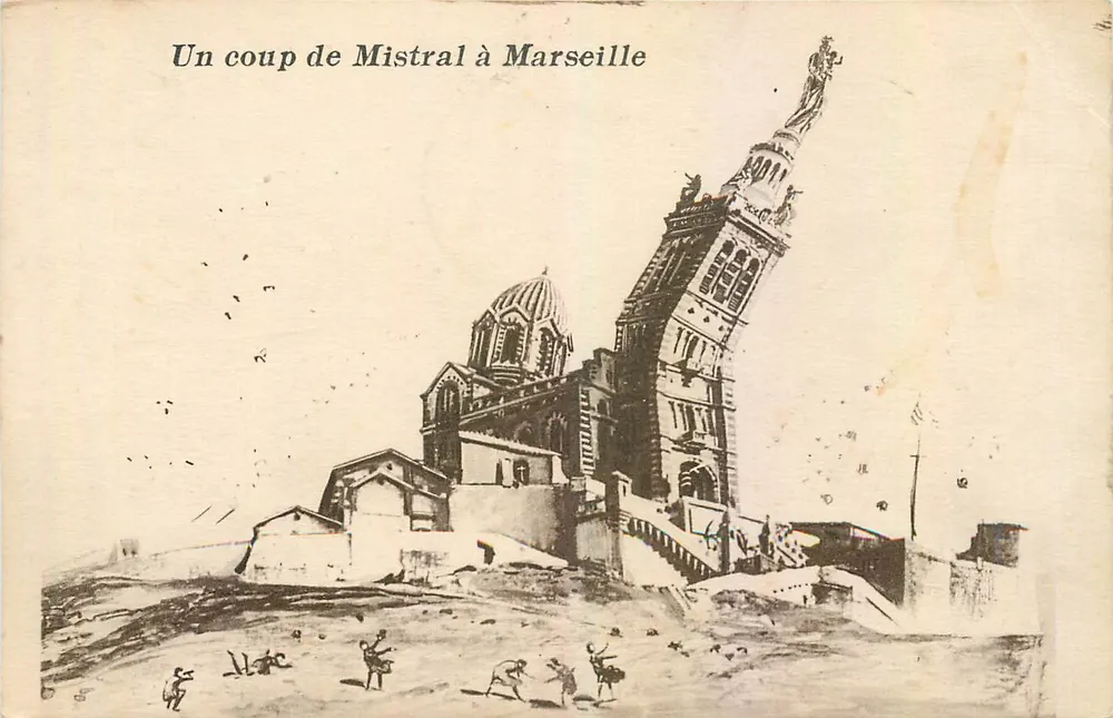 Um golpe de Mistral em Marselha — ilustração humorística — editor não visível - Frente