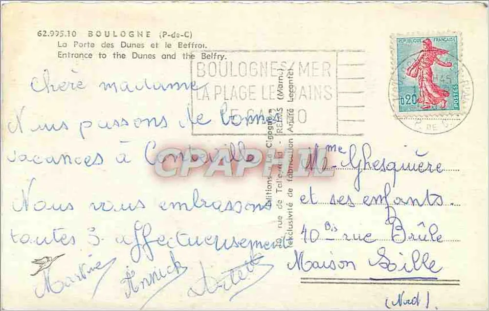 La Porte des Dunes et le Belfroy — Boulogne-sur-Mer — A Cigogne - Verso