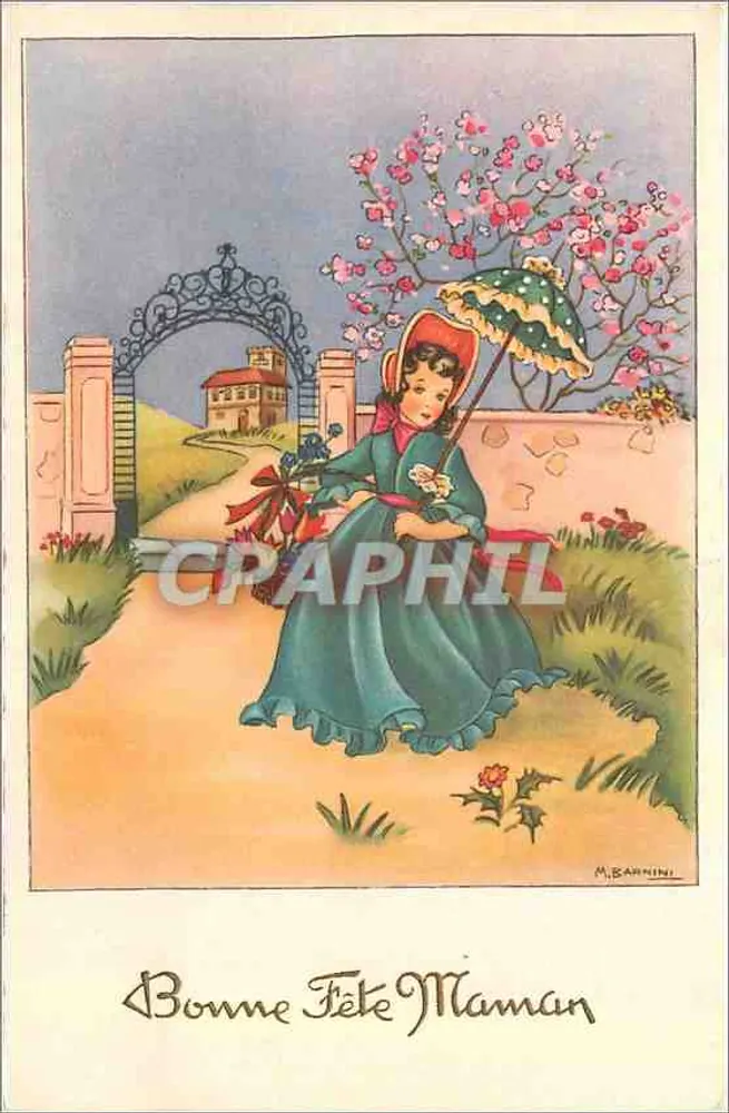 Mujer con paraguas — jardín florecido — M. BANNINI - Anverso