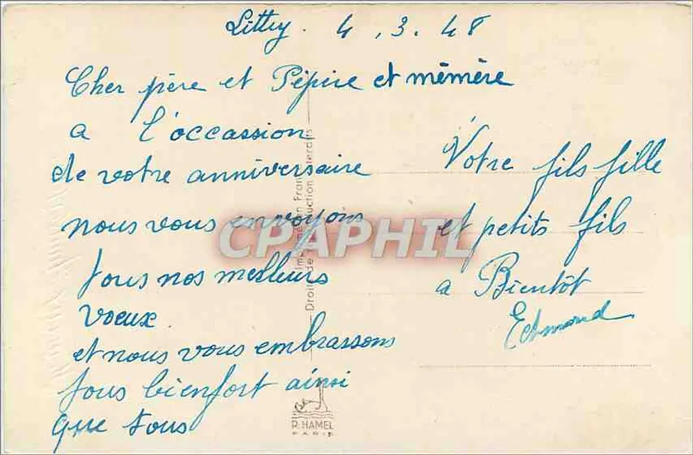 Bouquet de violetas y zapatos de suerte — Feliz cumpleaños — P. HAMEL PARIS - Reverso