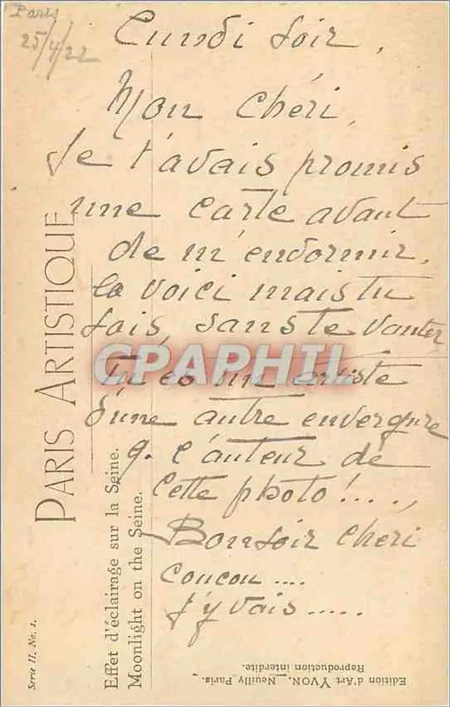 Paris/Tema principal — Iluminação sobre a Sena — Edição de Arte Yvon, N°1, série II - Verso