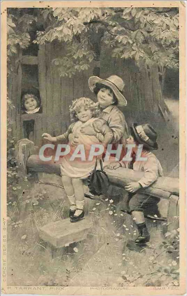 Enfants jouant dans un jardin — scène d'été — P. TARRANT, PINK, Photogravure, n° 143 - Frente