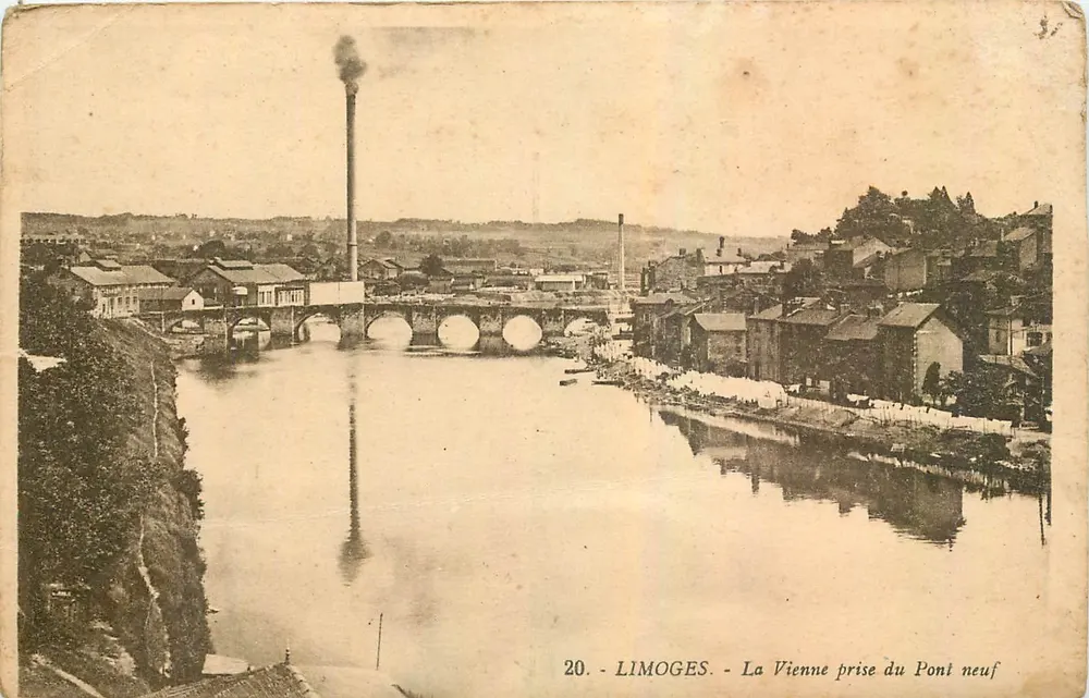 Limoges - A Vienne capturando o Ponte Novo — vista industrial com chaminé fumegante — editor G. Arraud, Nantes, n°20 - Frente