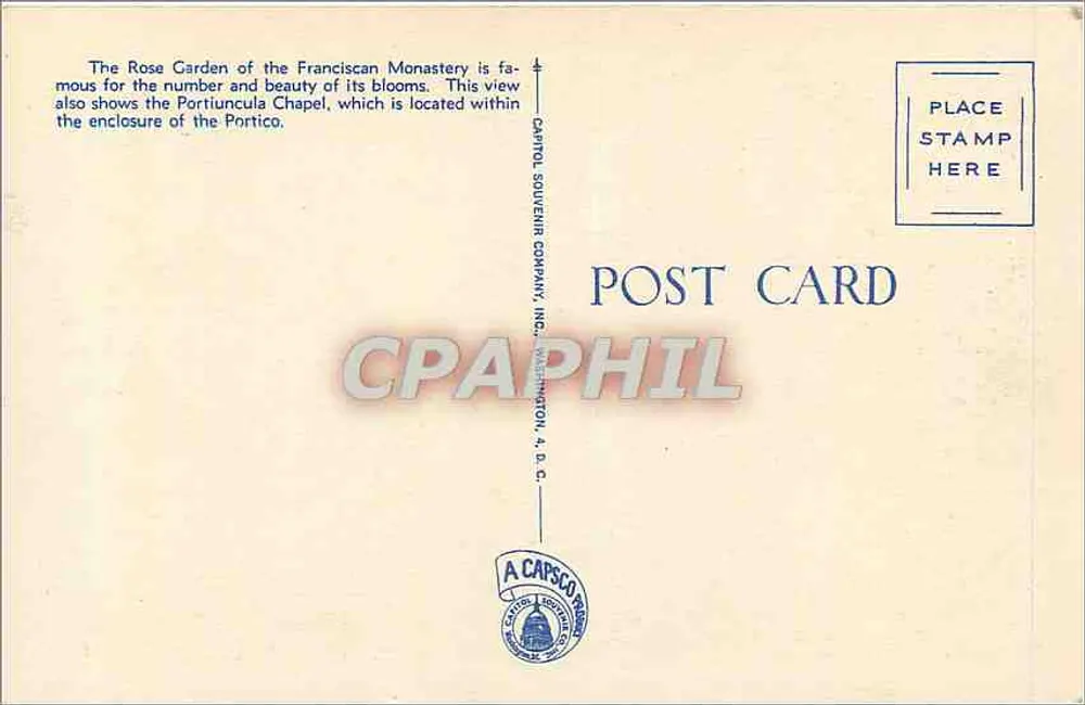 Rosengarten, Franziskaner-Kloster — Kapelle Portiuncula — Verlag A. CAPSCO, Washington D.C. - Rückseite