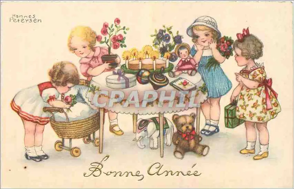 Crianças brincando em torno de uma mesa de festa — Hannes Petersen — No 361 - Frente
