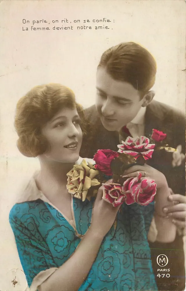 Junges Paar — zärtliche Szene mit Rosen — Verlag M, Paris, Nr. 470 - Vorderseite