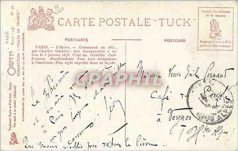 Paris - Opera — gece görünümü — Tuck & Fils yayıncısı, n° 79 - Arka yüz