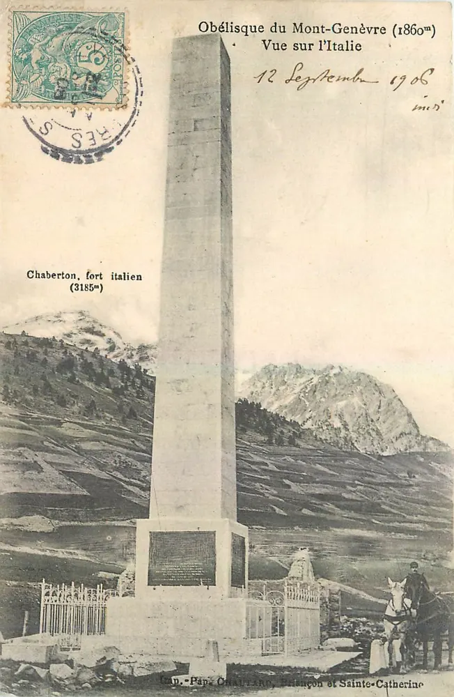 Obelisk des Mont-Genève (1860m) — Aussicht nach Italien — Chaberton, italienischer Festung (3185m) — Cap. Pap. Chautard, Briançon und Sainte-Catherine - Vorderseite
