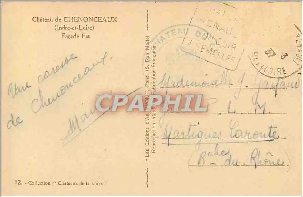 Castelo de Chenonceaux — Fachada Leste — Les Éditions d'Art Marlet - Verso