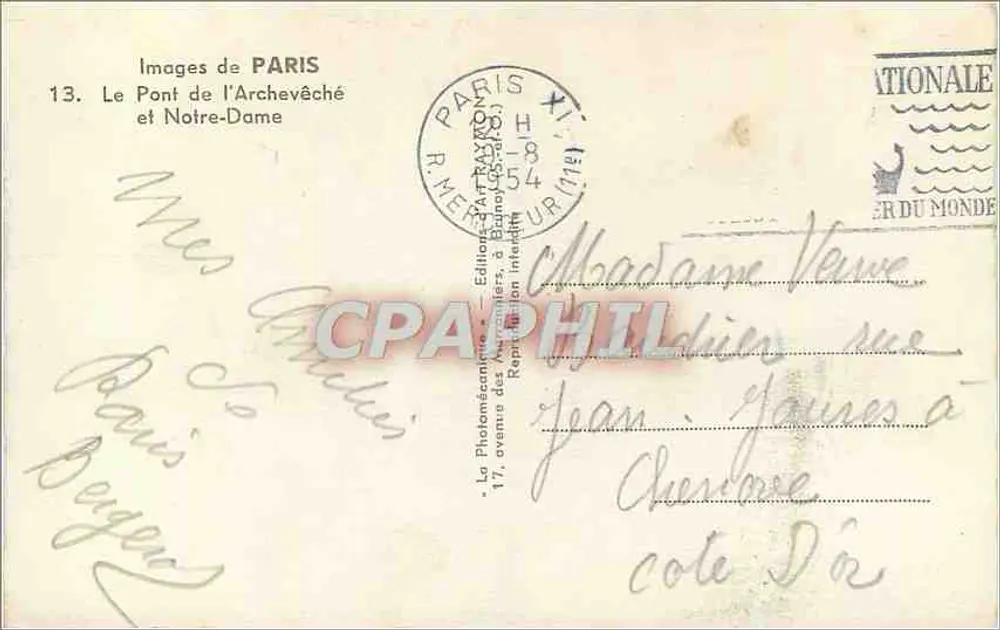 Notre-Dame de Paris — vue du Pont d'Archevêché — éditeur Rayman, n°13 - Verso